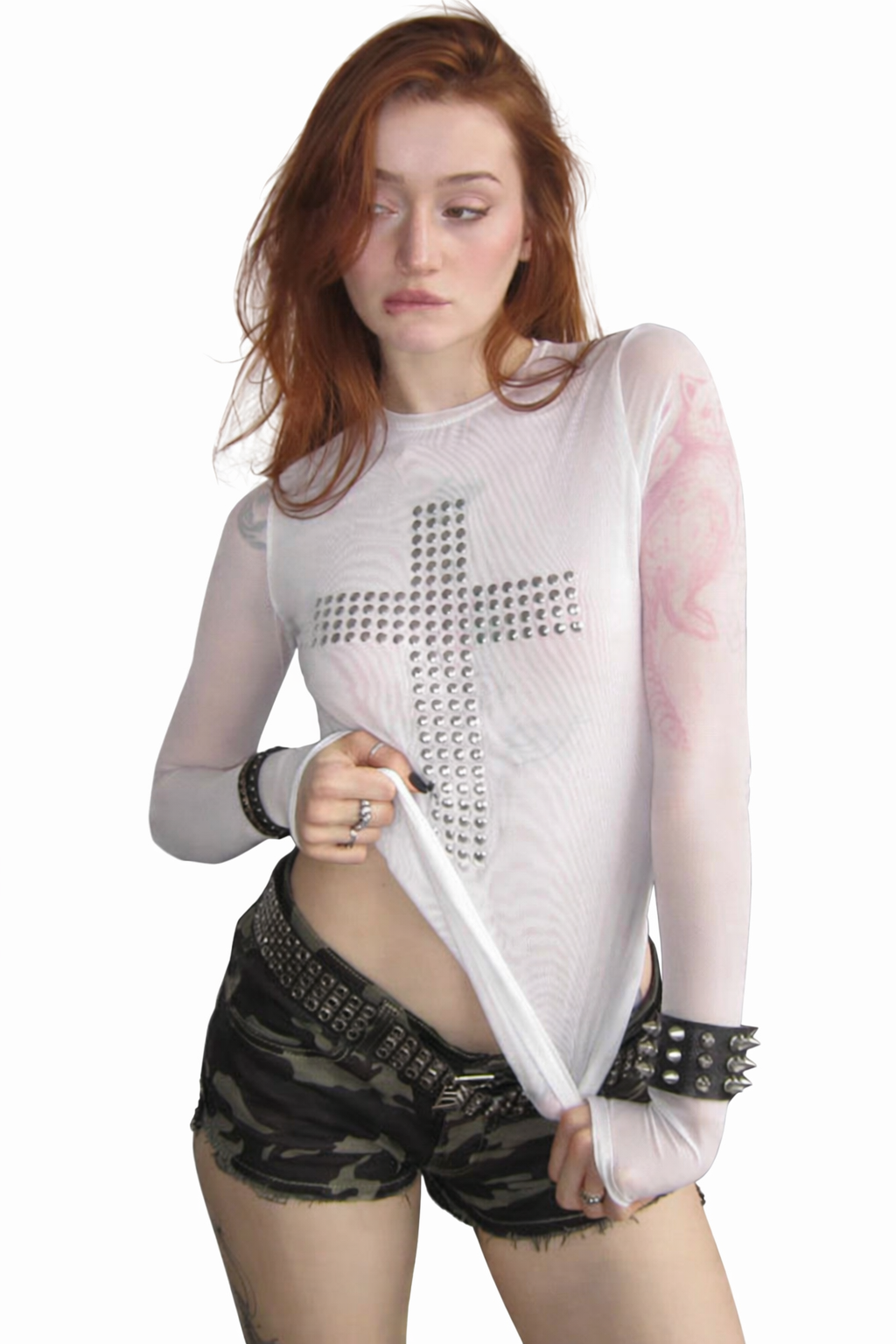 Rhinestone Cross Mesh Top