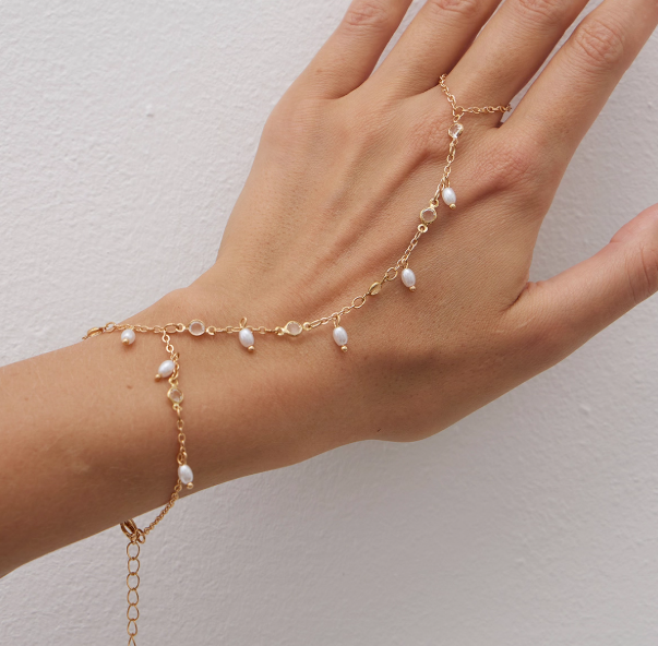 Pearl Droplet Hand Chain — Gold