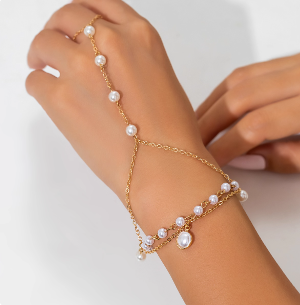 Layered Pearl Charm Hand Chain — Gold
