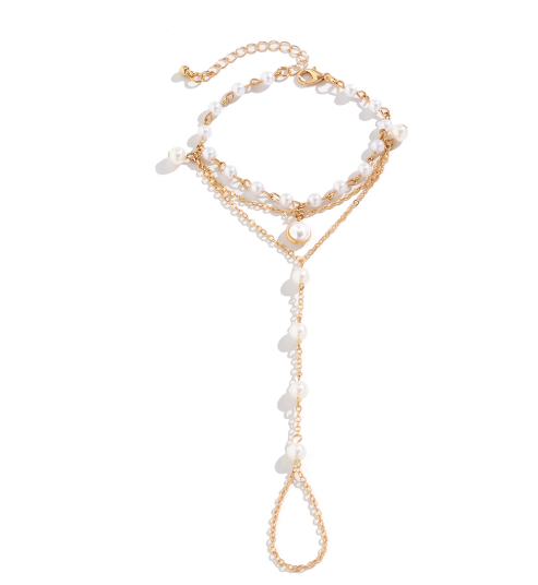 Layered Pearl Charm Hand Chain — Gold