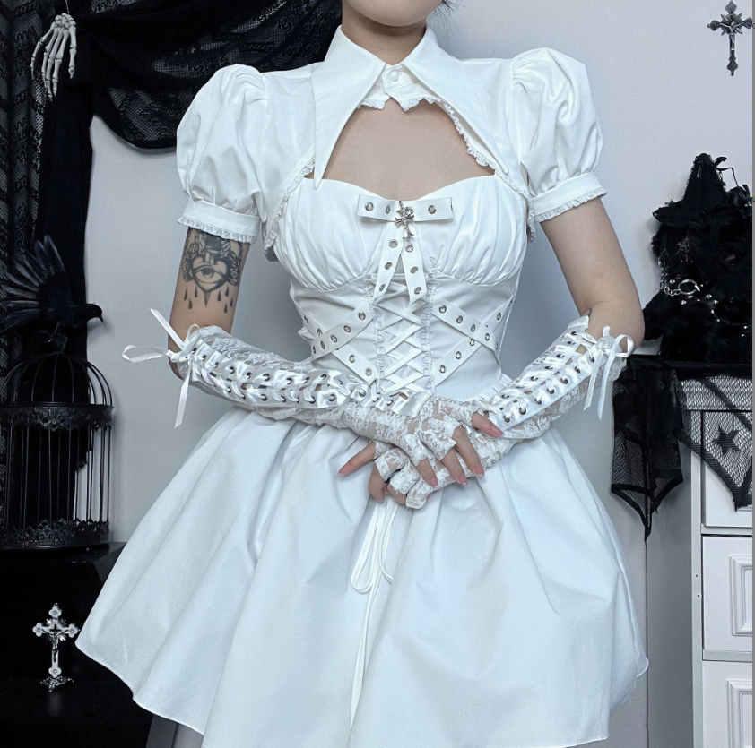 Angel Lace-Up Corset Mini Dress (White / Black)