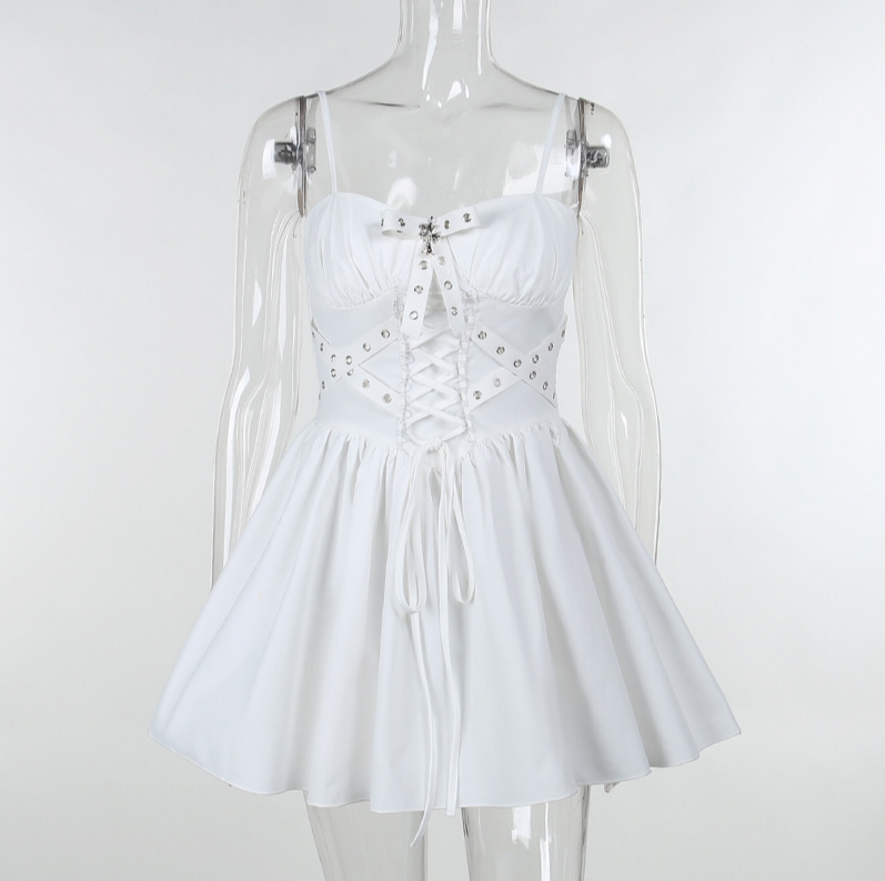 Angel Lace-Up Corset Mini Dress (White / Black)