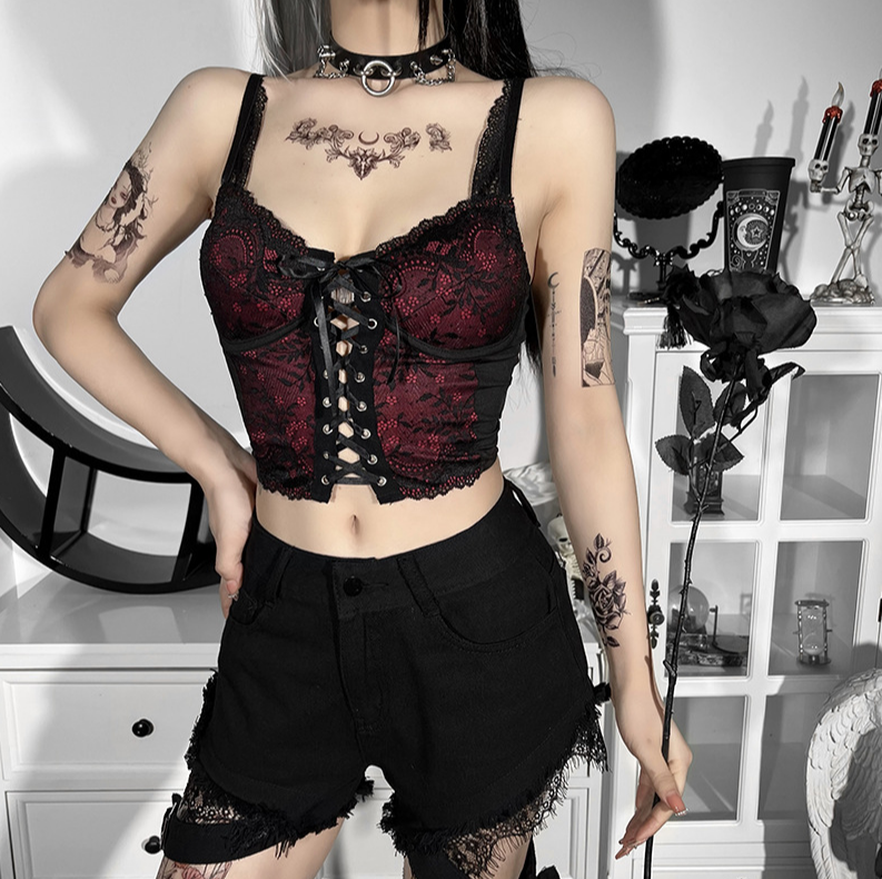 Blood Rose Lace-Up Corset Top (Black/Wine)