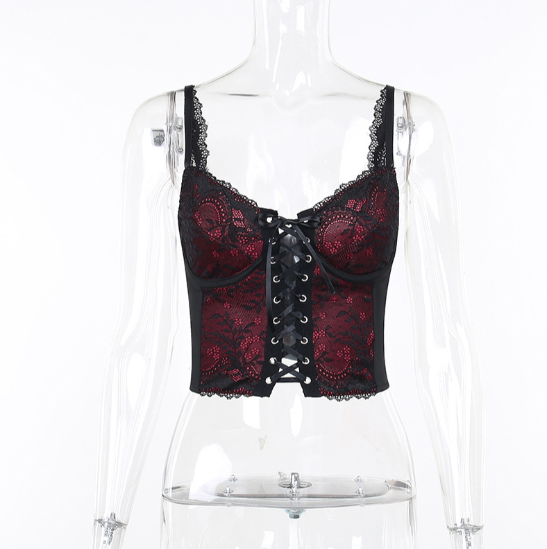 Blood Rose Lace-Up Corset Top (Black/Wine)