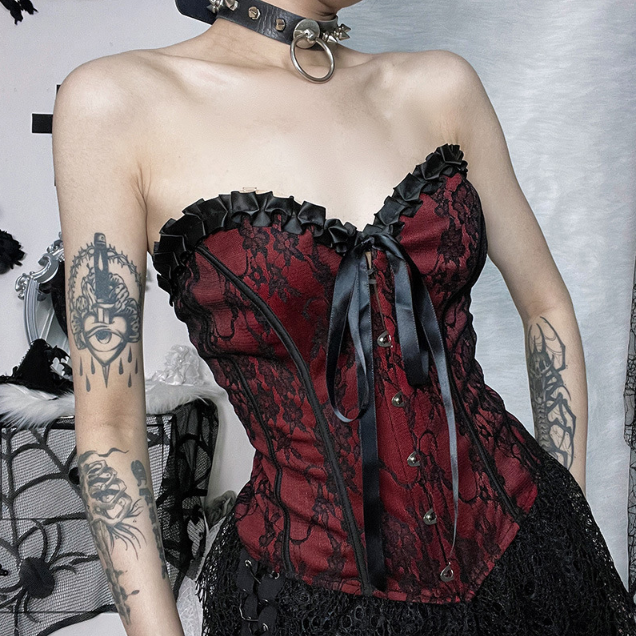 Blood Velvet Lace Corset Top (Wine/Black)