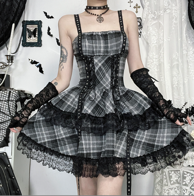 Grey Tartan Lace-Up Corset Dress