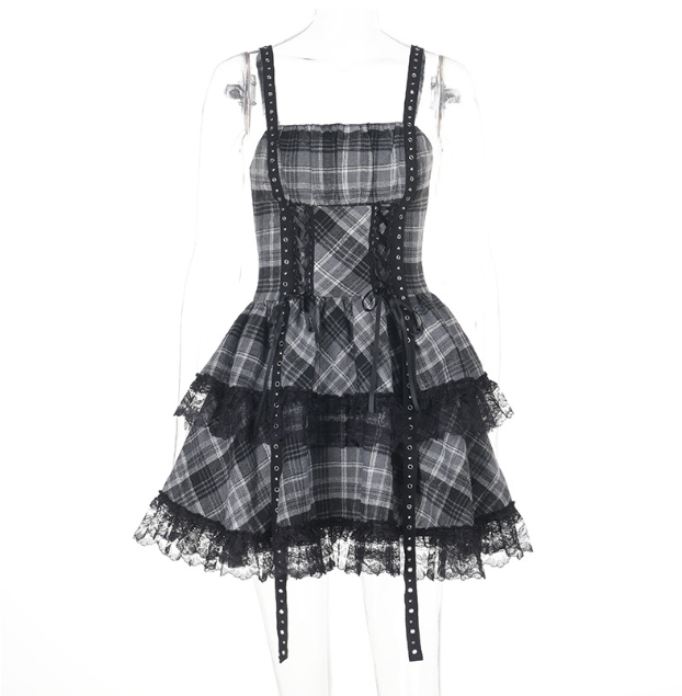 Grey Tartan Lace-Up Corset Dress