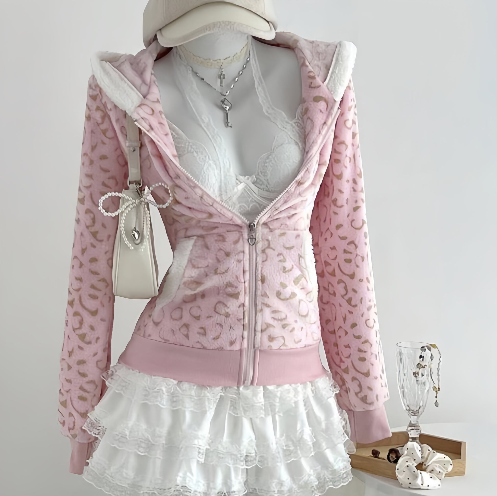 Dollcore Pink/Beige/Black Zip-Up