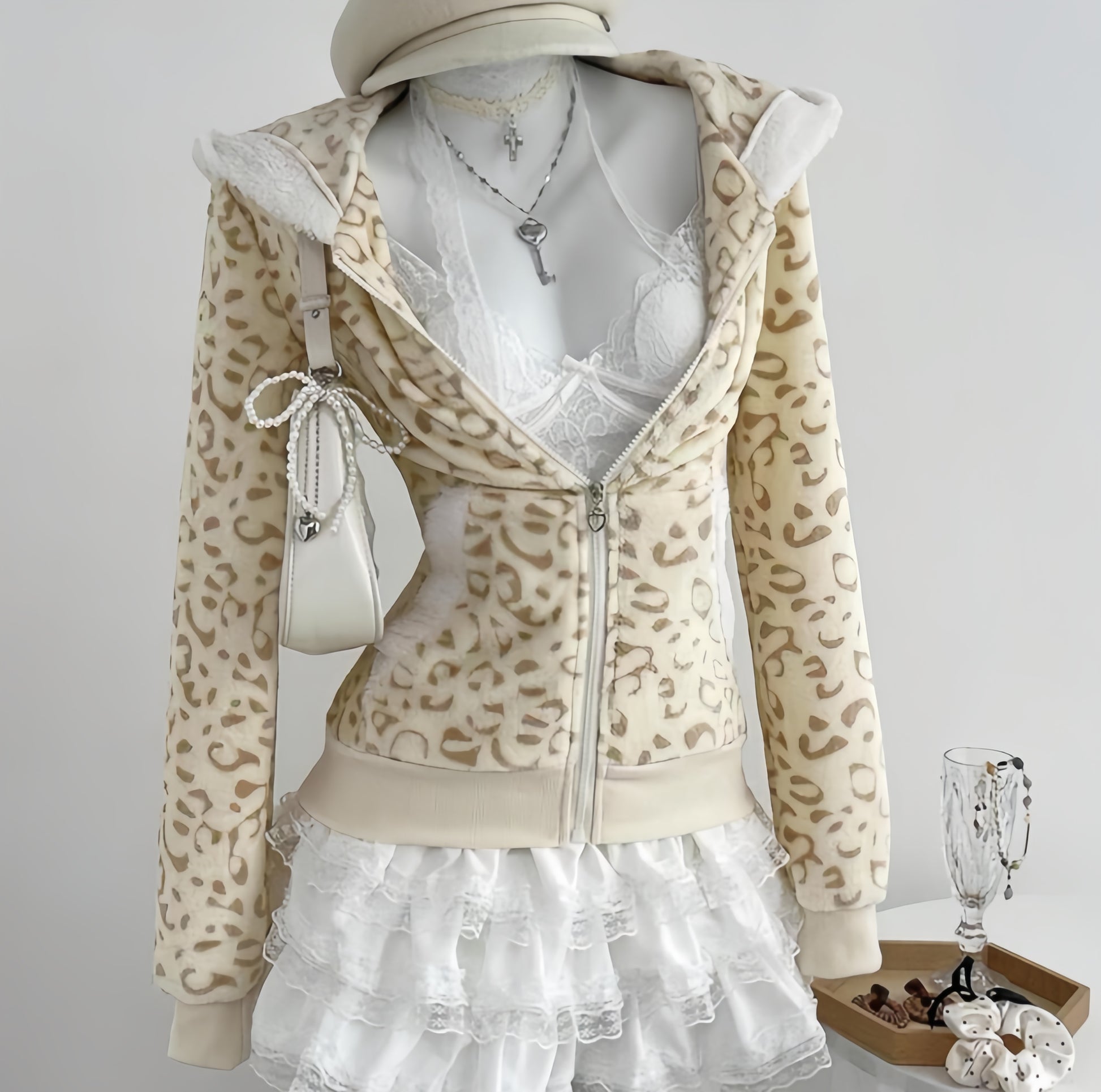 Dollcore Pink/Beige/Black Zip-Up