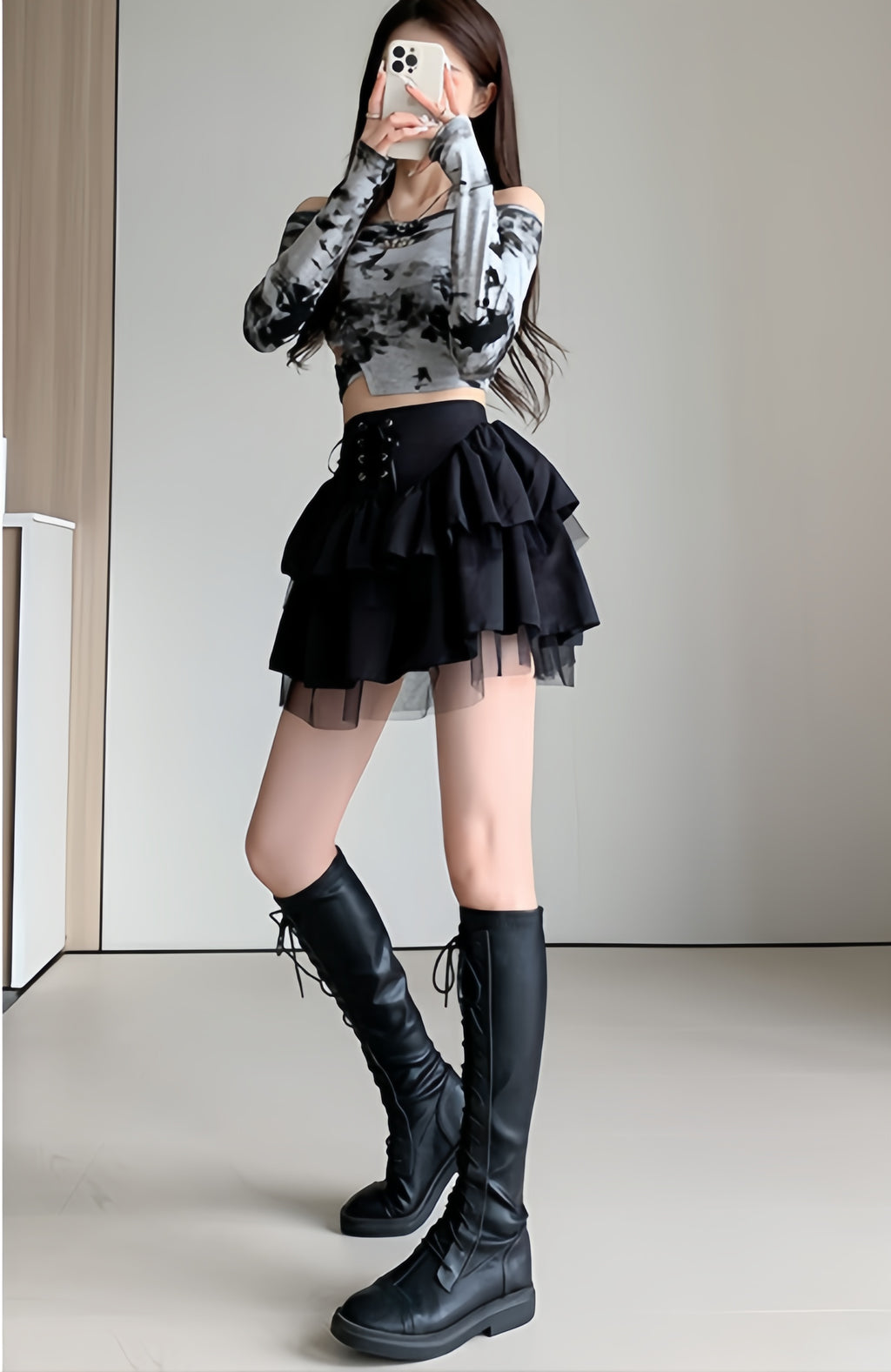 Lace-Up Tiered Mini Skirt 🖤