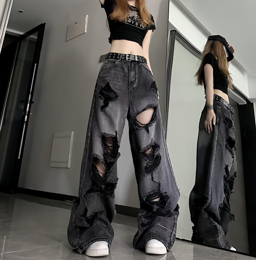 Distressed Y2K Wide-Leg Jeans