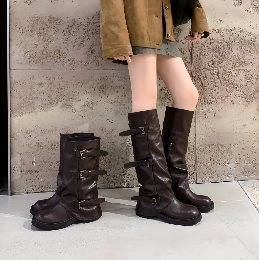 Triple Buckle Knee-High Boots (Brown)