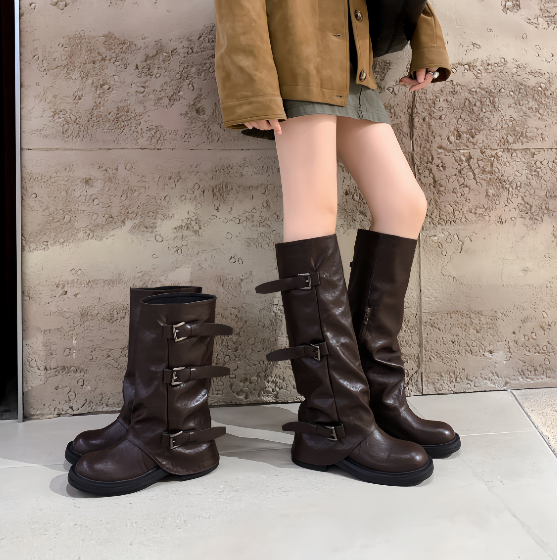 Triple Buckle Knee-High Boots (Brown)