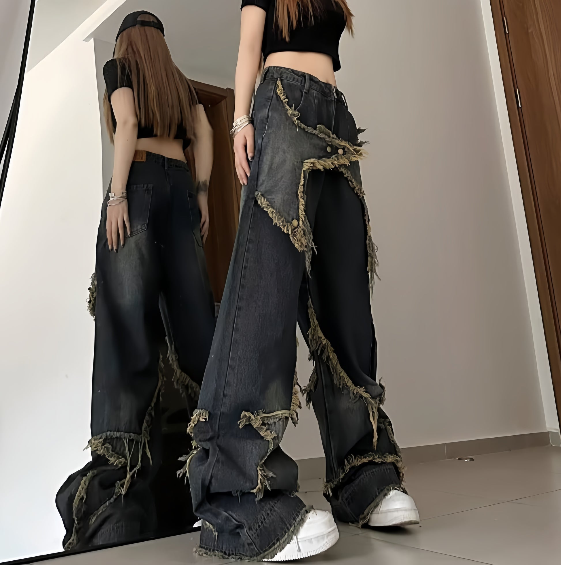 Riot Stitch Distressed Wide-Leg Jeans