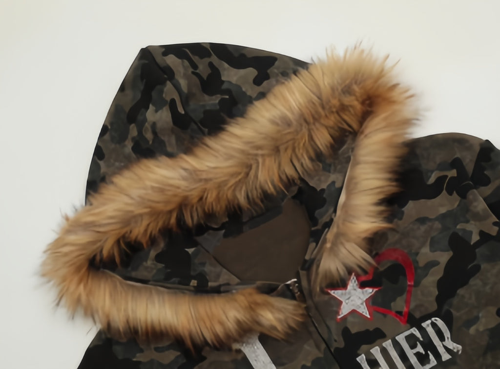 Camo Star Fur-Trim Zip Hoodie