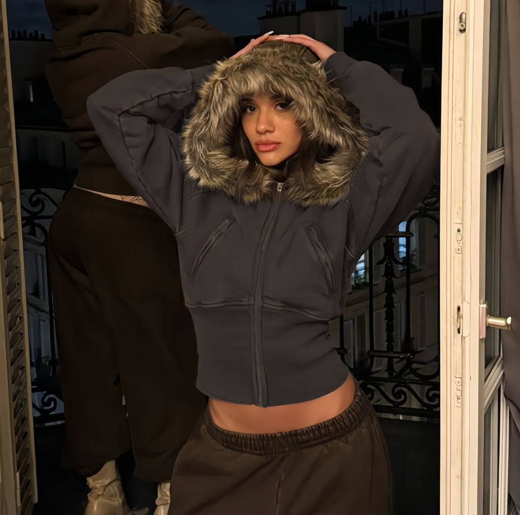 Midnight Frost Cropped Fur Hoodie