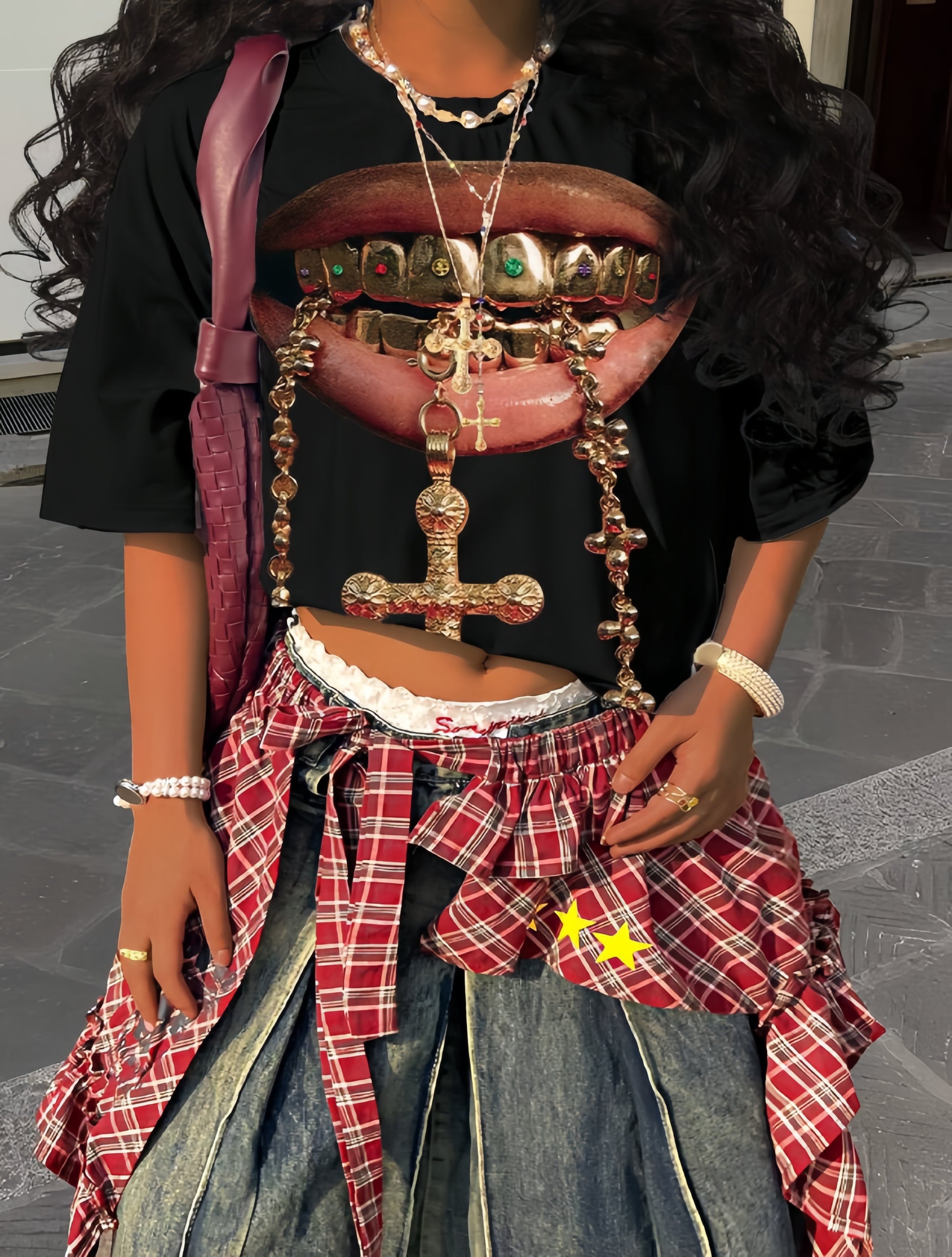 Gold Cross Grill Graphic Y2K Top