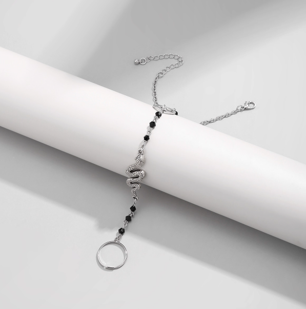 Serpent Charm Hand Chain — Silver/Black