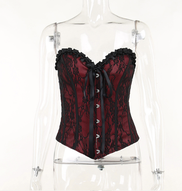 Blood Velvet Lace Corset Top (Wine/Black)