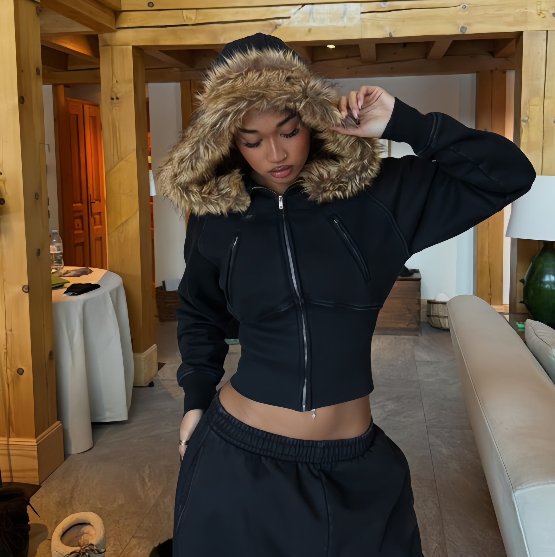 Midnight Frost Cropped Fur Hoodie